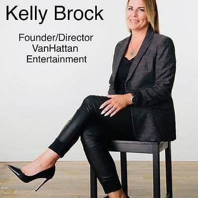 Kelly Brock, founder and director of Vancouver's VanHattan Entertainment, seated for a filmed interview