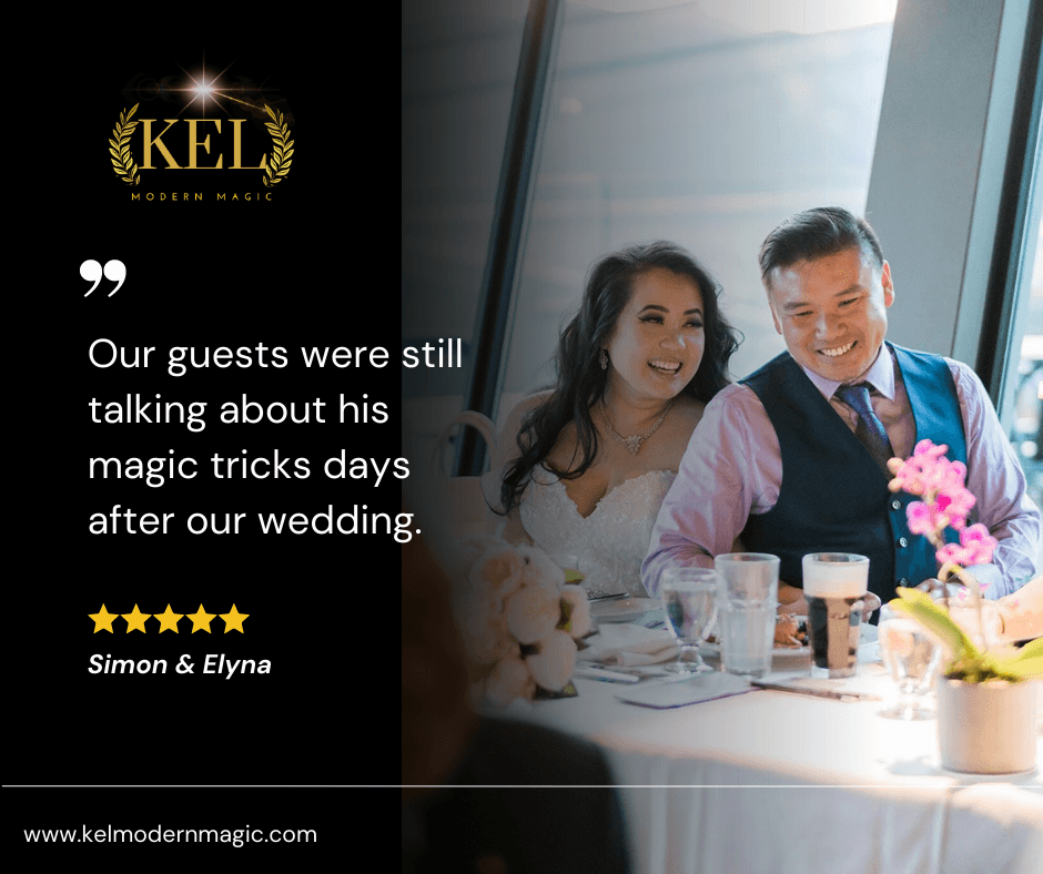 A bride and groom at their reception table beside a five-star review from a Vancouver wedding couple