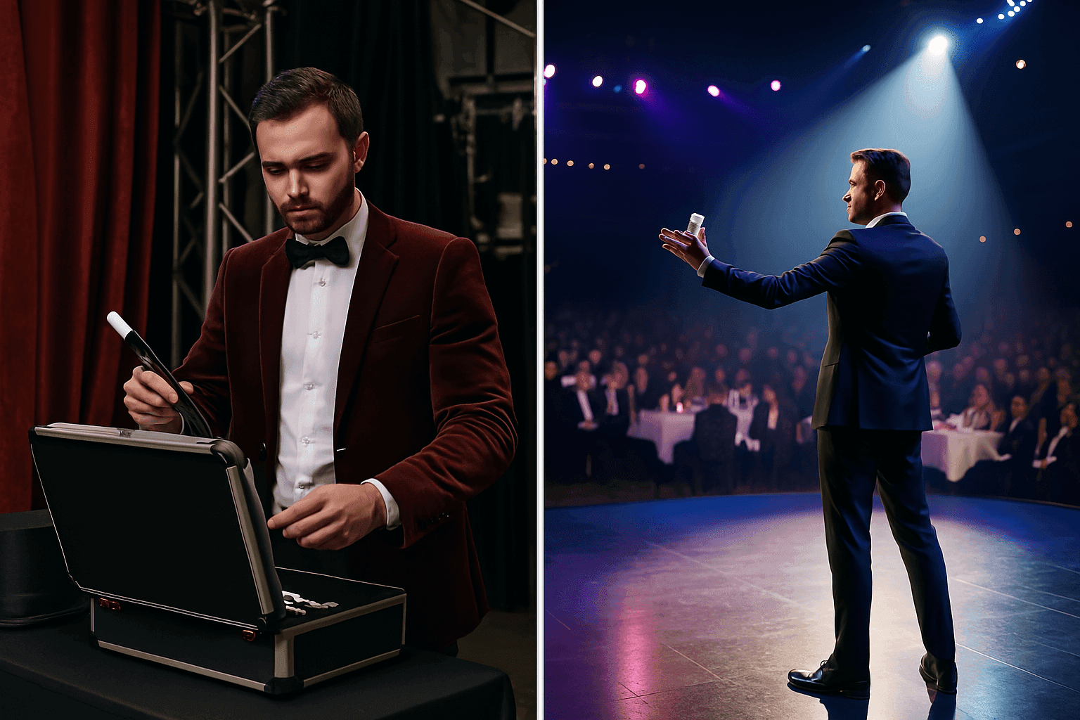 Two performers side by side: a close-up worker at his case and a stage act under spotlights