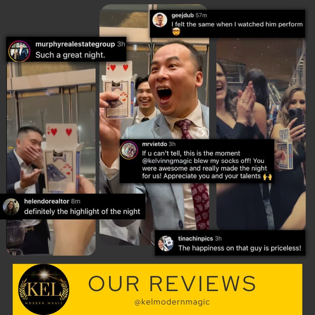 Instagram comments from guests laid over a photo of a guest reacting to a card reveal in Vancouver