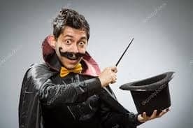 A cartoonish stock magician in a cape and fake moustache pulling at a top hat