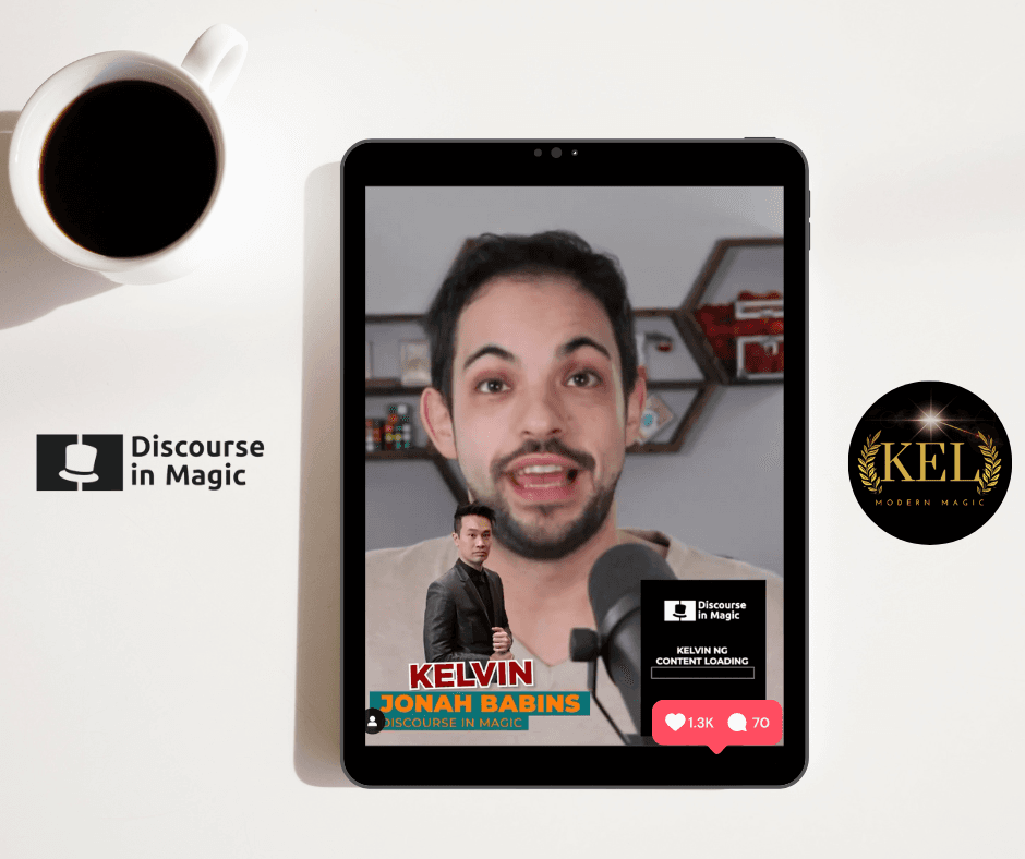 A Discourse in Magic video call on a tablet beside a coffee cup and the Kel Modern Magic logo